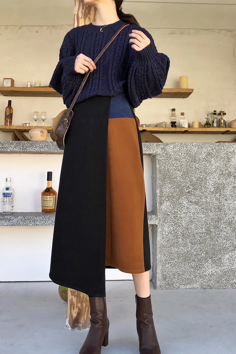 Женская Асимметричная юбка Лоскутная с высокой талией на осень и зиму 2019|Женские