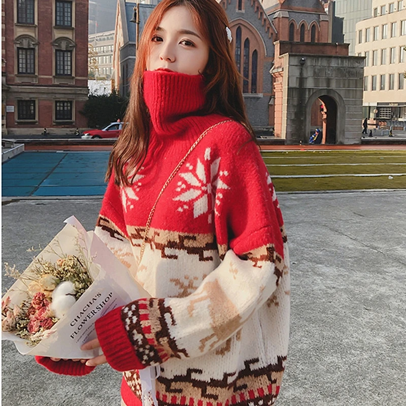 

Рождественский свитер с высоким воротником, Женская осенне-зимняя одежда, новинка, утепленный модный свободный свитер в Корейском стиле, то...