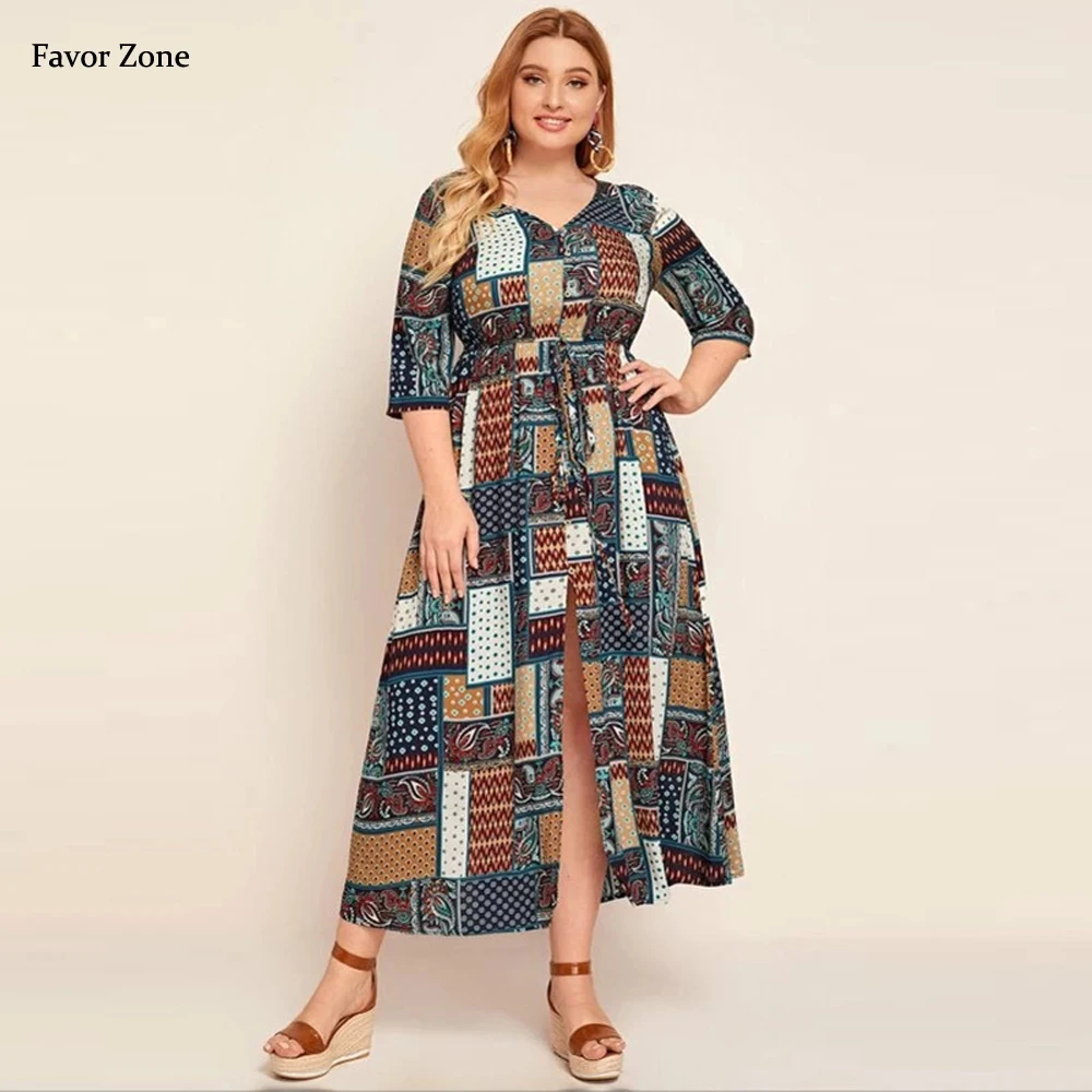 

Summer Autumn Half Sleeve Vintage Plaid Plus Size Long Dress Women 2021 Elegant V-neck Split Sexy Office Lady Party Dresses 4XL