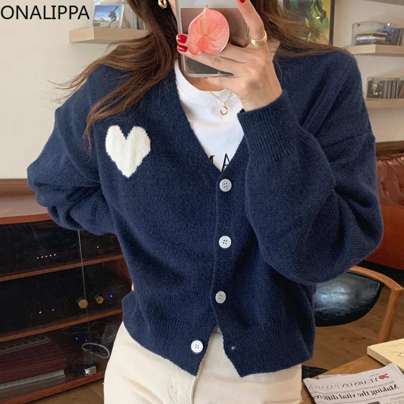

ONALIPPA V-Neck Knitted Cardigan 2021 Autumn Korean Niche Retro Love Print Design Loose Single-Breasted Long-Sleeved Sweater