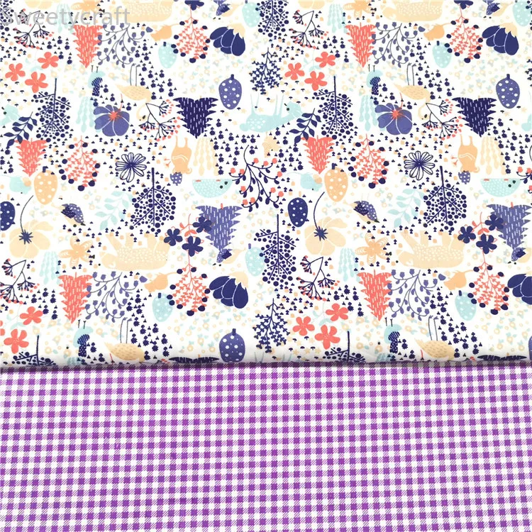 Фиолетовую клетку с принтом листьев Хлопок твил ткань по полметра DIY работа шитье