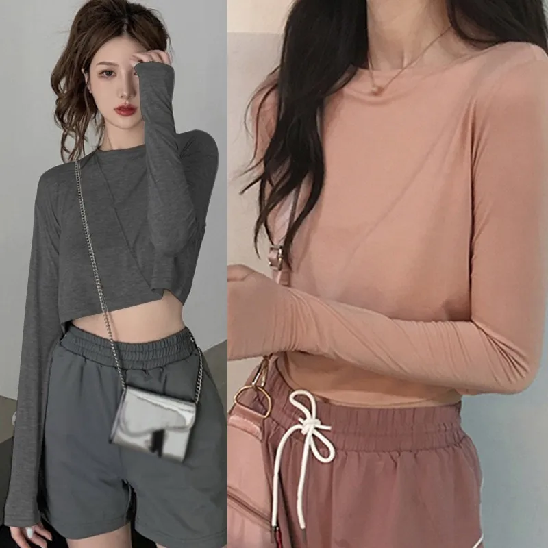 

Women's Short T-shirt Spring And Autumn High Waist Long Sleeve Bottoming Shirt High Waist Crop Top New Arrivals