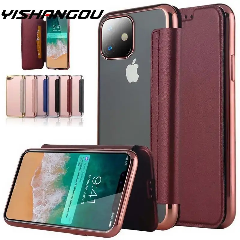 Гальванизированный Чехол книжка для iPhone 12 11 Pro Max X XR XS 5 5S SE 6 6s 7 8 Plus тонкий кожаный