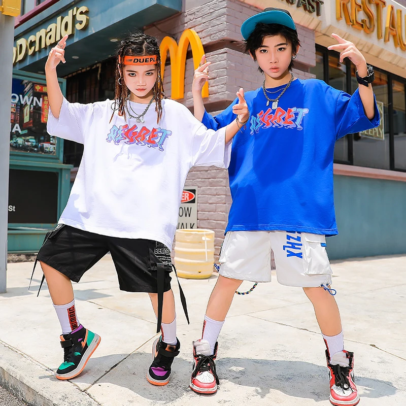 

Kids Hip Hop Dancing Clothes For Girls Children Short Sleeved Loose Shorts Boy Jazz Dance Costumes Clothing Stage Outfits SL5064