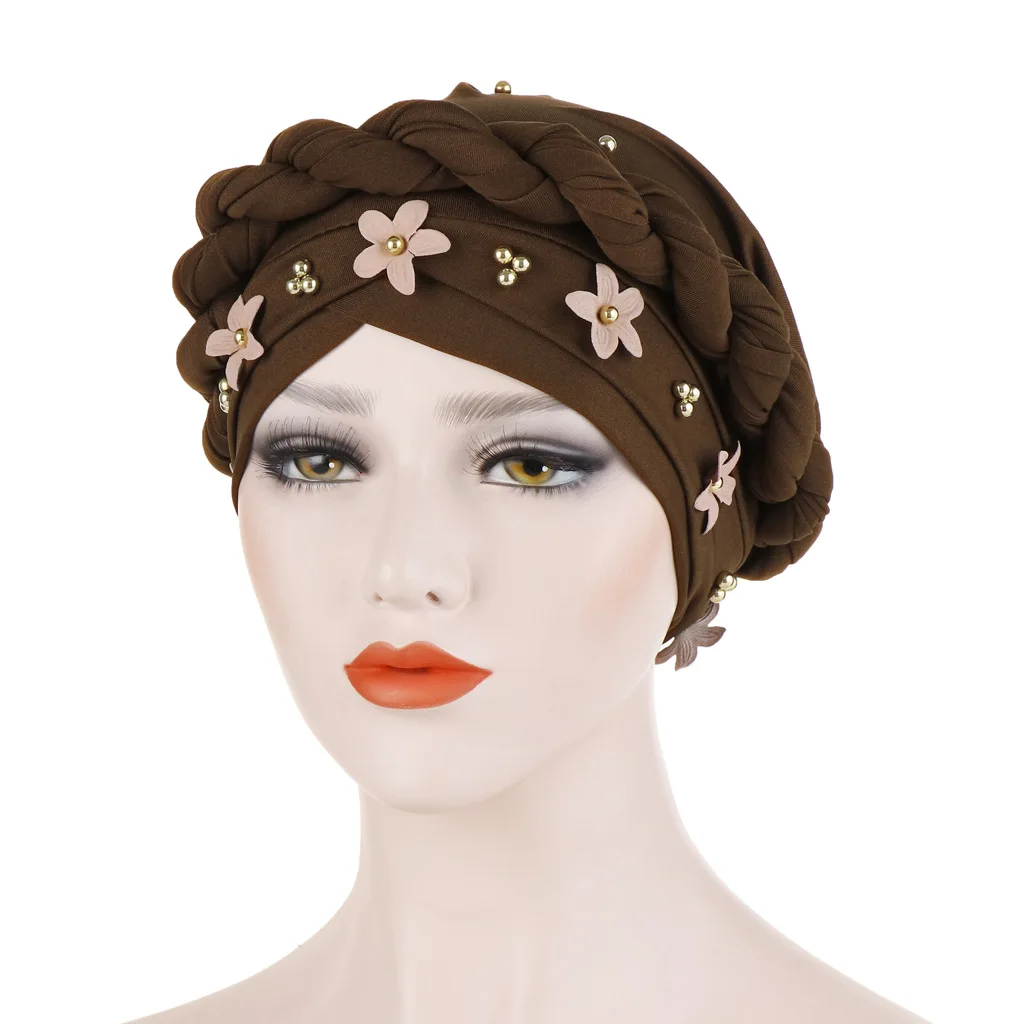 

New European and American Baotou Cap Twist Braid Turban Hat Flower Nail Golden Pearl Muslim Cap wholesale bonnets
