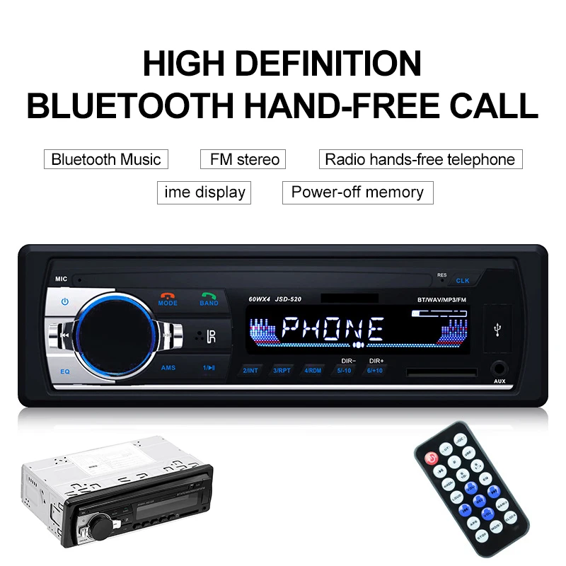 Автомобильный мультимедийный плеер TOSPRA, Bluetooth, Авторадио, MP3 плеер, автомобильный стерео радио, FM, Aux вход, приемник, USB, JSD-520, 12 В, в тире, 1 din