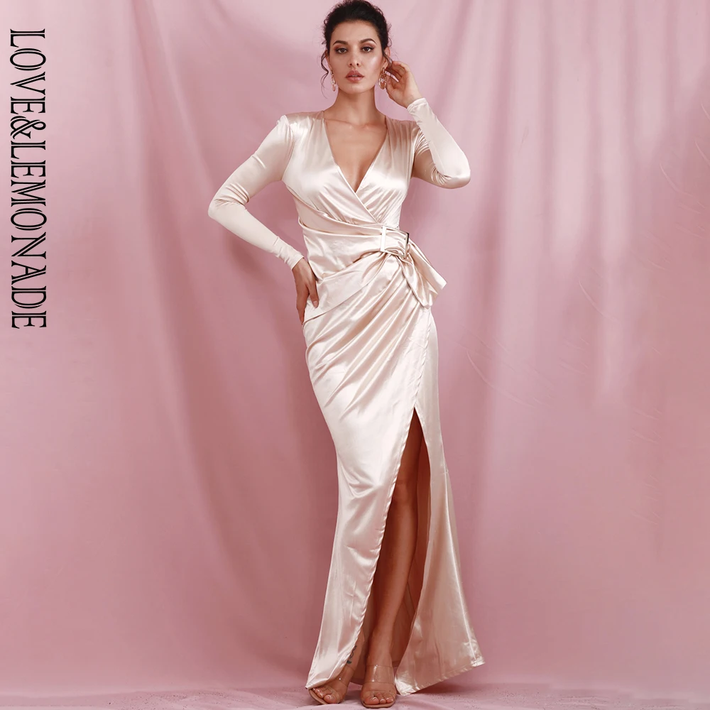 Женское платье макси LOVE & LEMONADE блестящее абрикосового цвета из эластичного