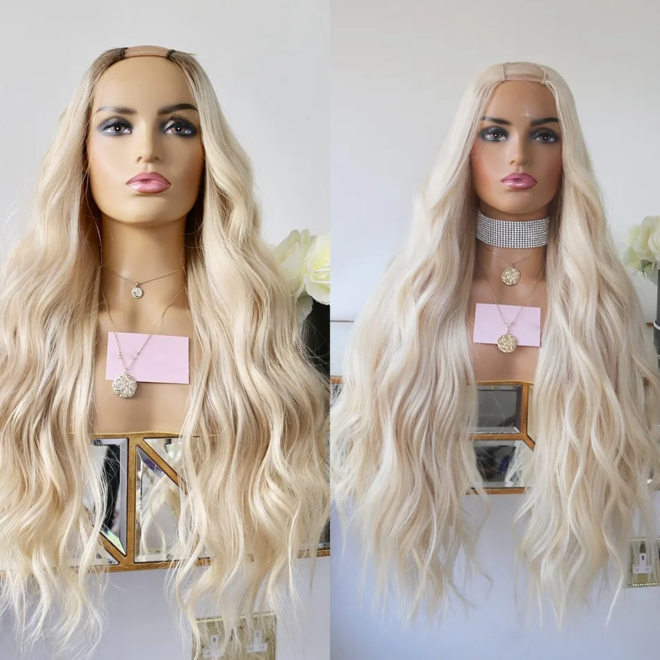 Natural Platinum Blonde Human Hair Wigs Brazilian Remy Hair Half Wigs 1x4 Middle Open U Part Wigs Vpart Wigs 180 Density