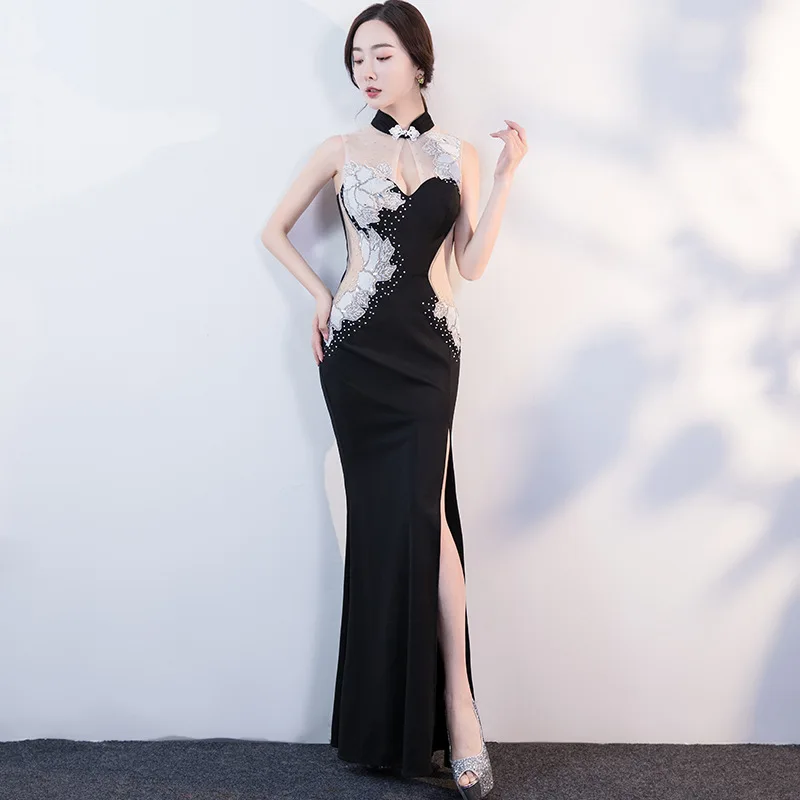 

Modern Black Sexy See Through Cheongsam Dresses Oriental Style Party Gown Qi Pao Women Chinese Evening Dress Qipao Promotion