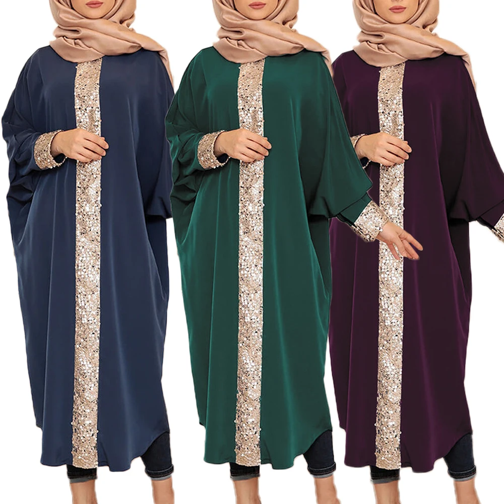 Женский длинный кафтан в мусульманском стиле, длинное платье Дубая, свободное платье макси с блестками, с рукавом летучая мышь, Марокканско...