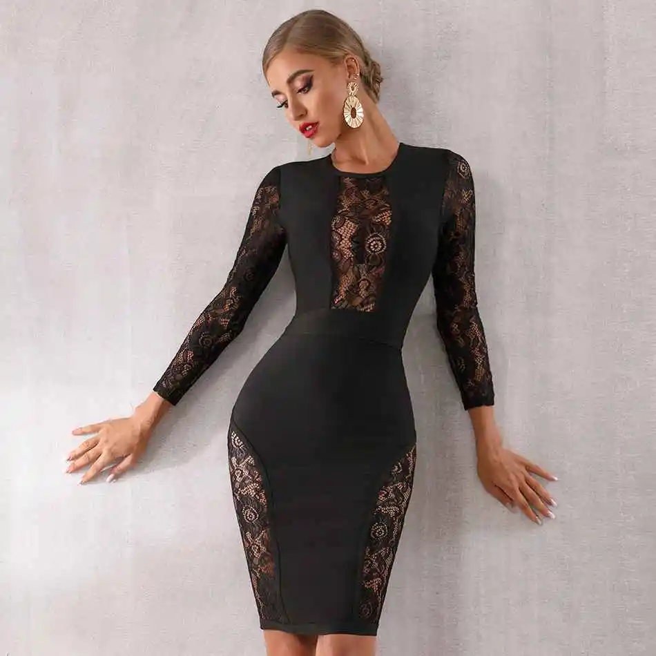 Seamyla Новое Бандажное платье для женщин Vestido черное кружевное вечернее платье знаменитостей сексуальное облегающее Клубное платье миди с длинным рукавом