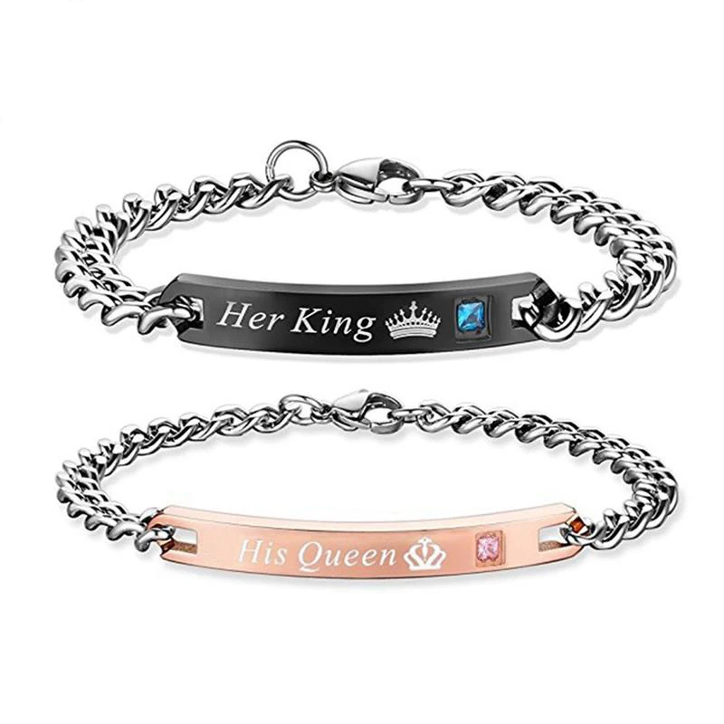 

Romantic Couple Bracelet Her King His Queen for Women Men Stainless Steel Stone Crown Charm Bracelets On Hand Jewelry Lover Gift