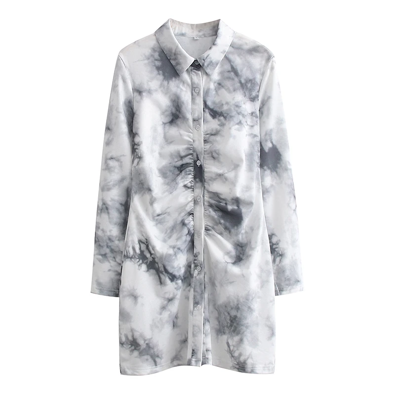 

Women 2021 za fashion tie dye printed pleated soft touch mini shirt dress vintage long sleeve button-up female dresses vestidos