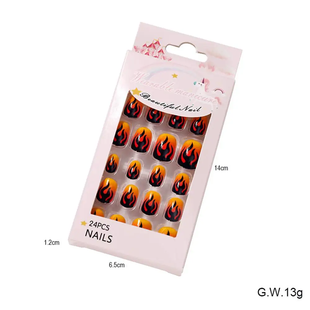 24Pcs/Lot Children Halloween False Nail Tips Fire Full Cover Kid Glue Self Fake Art for Girls DIY Manicure Nails Decor | Красота и