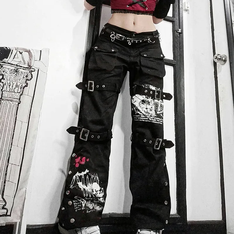 

Gothic Bandage Streetwear Women Baggy Jeans Aesthetic Harajuku Y2K Print Black Denim Trousers Academia Hight Waist Cargo Pants