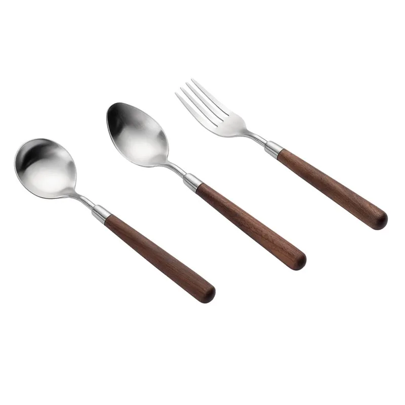 

Stainless Steel Tableware Dinnerware Spoon Soup Spoon and Fork Dark Walnut Wood Handle Luxury Style High Class Mat Finish