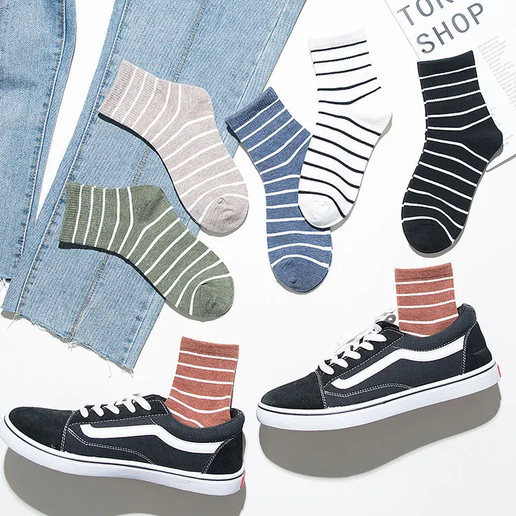

Striped Female Mid-tube Socks Japanese Casual All-match Spring and Summer Thin Korean Sports Stockings Men's Breathable