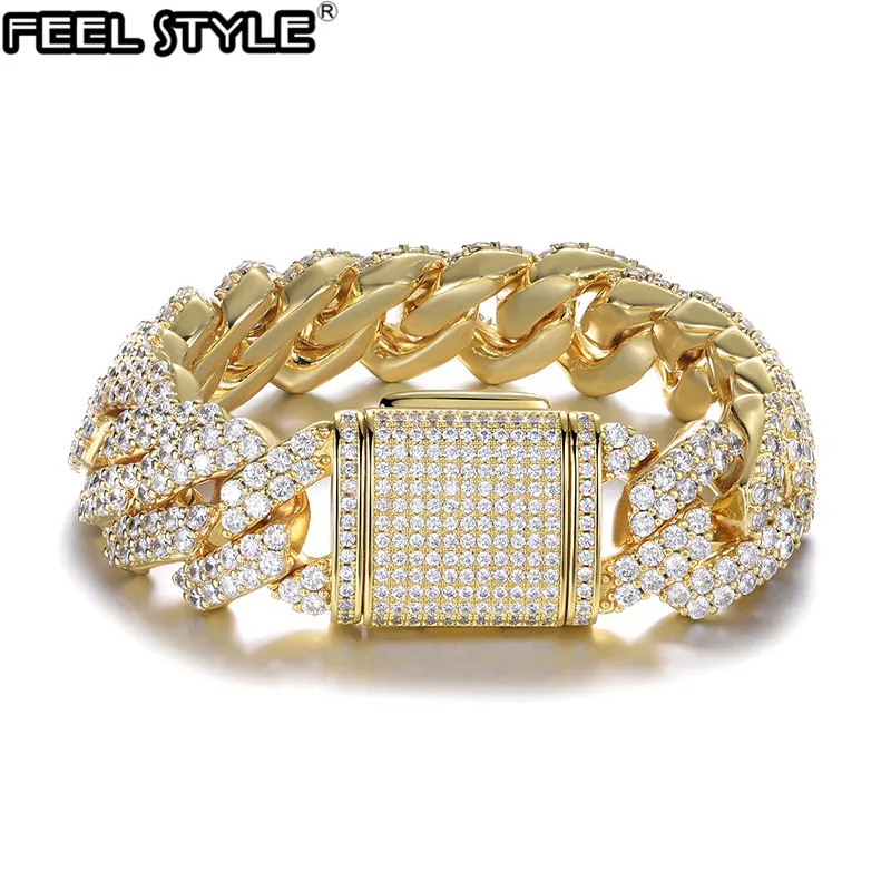 

Hip Hop 19MM 2 Row Heavy Cuban Prong Chain Bling Iced Out Box Buckle Copper Setting AAA+ Cubic Zirconia Bracelet For Men Jewelry