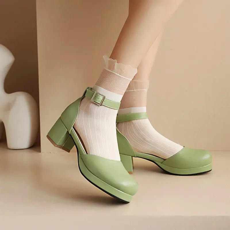 

ZawsThia 2021 Summer Sweet Girls Lolita Shoes Closed Toe Green Pink Mary Janes Lady Pumps Chunky Middle Heels Womens Sandals