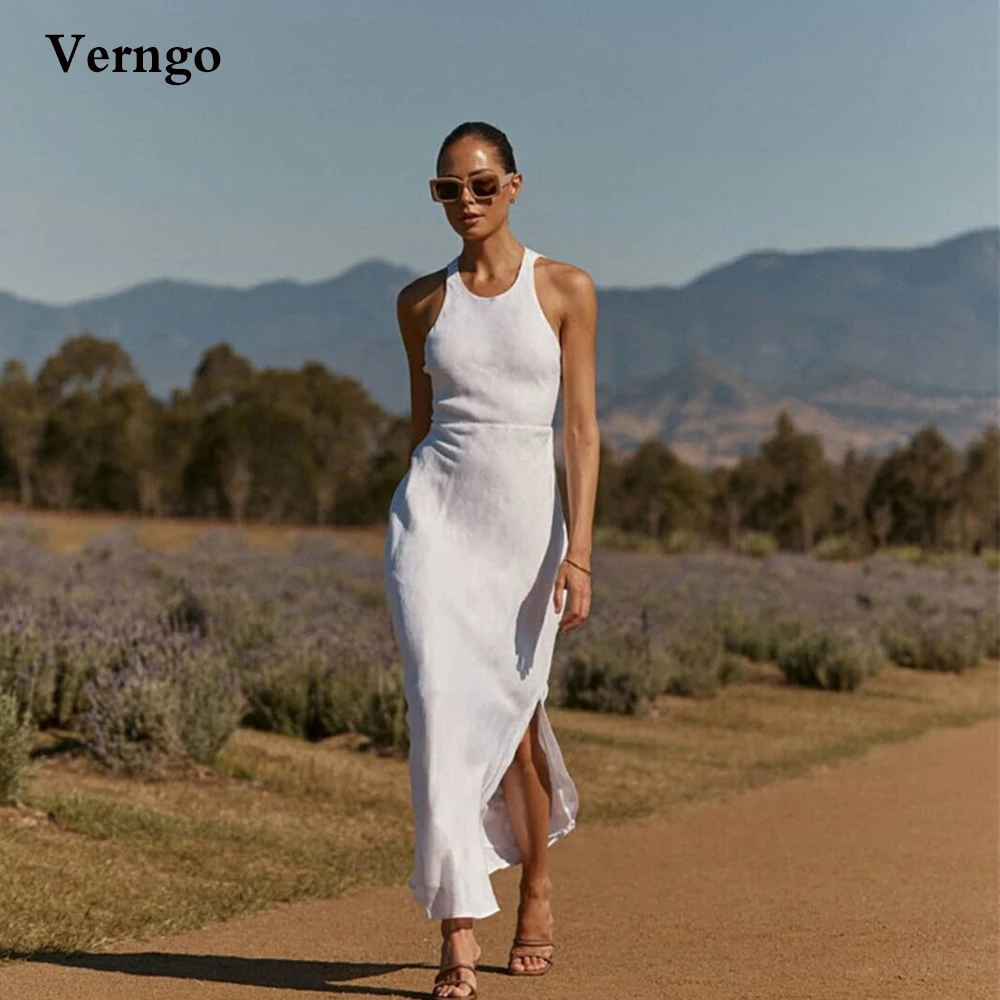 

Verngo Simple Silk Chiffon Wedding Dresses Open Back O-Neck Side Slit Ankle Length Bride Party Gowns Beach Formal Dress