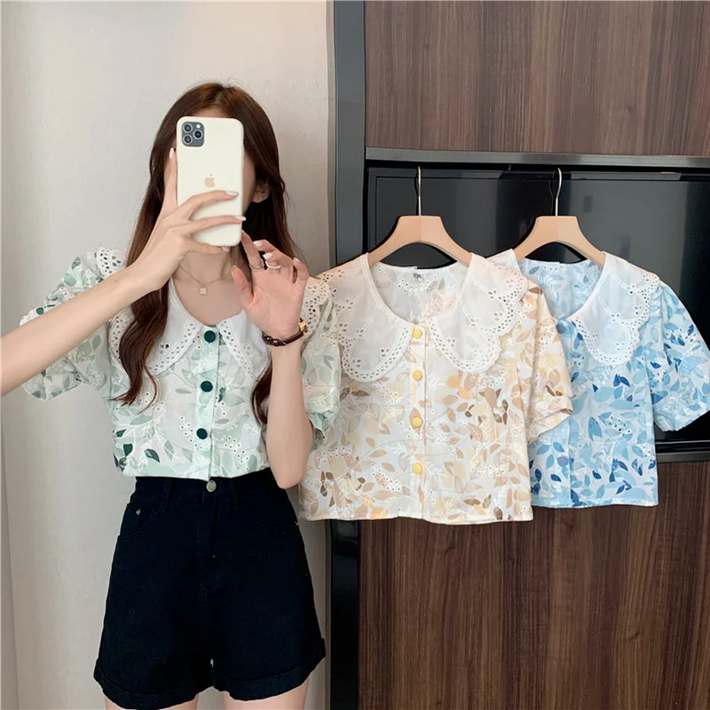 

Korejepo Women Shirt 2021 Summer Ladies French Sweet Temperament Design Niche Vintage Chic Puff Sleeve Doll Collar Floral Blouse