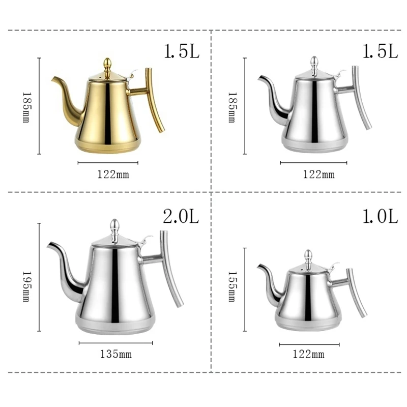 1L/1.5L/2L утолщенный 304 чайник из нержавеющей стали, индукционный Ретро чайник, кофейник и ситечко для заварки, кухонный бойлер для воды