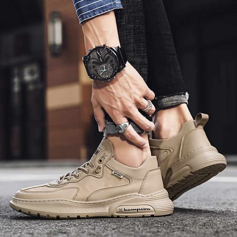 

Hot Sale Young Casual Shoe for Men Black Khaki Men Lace Up Sneakers Brand Designer Flats Shoes For Mens Leather Man Casual Shoe