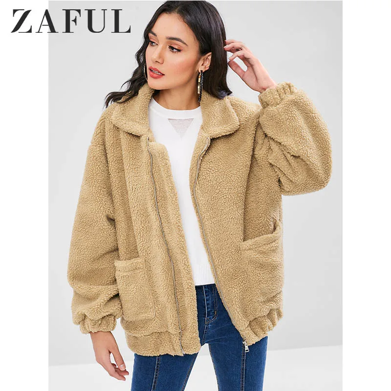 Женское меховое пальто ZAFUL на молнии с карманами и берберским флисом | Женская
