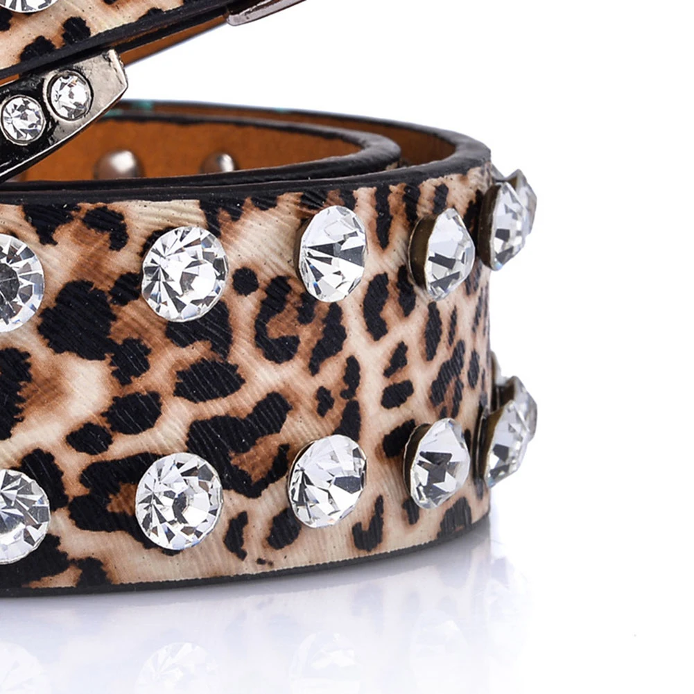 

Fashion Women Leopard Rhinestone Inlaid Soft Faux Leather Belt Buckle Waistband For Women