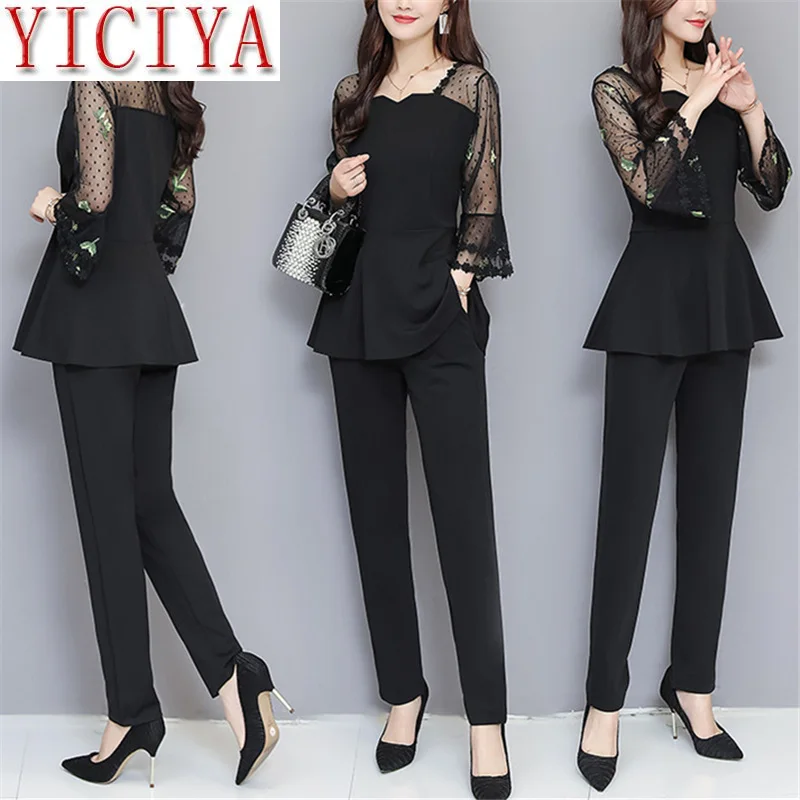 Женский комплект из двух предметов размера плюс с вышивкой весна лето черный топ