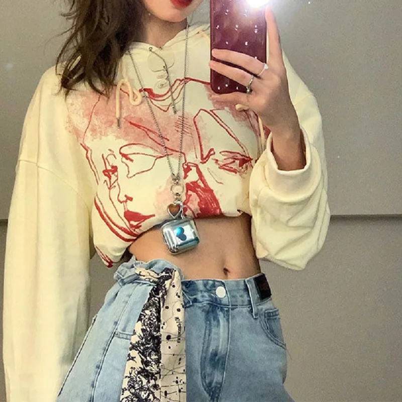 

WeiYao Korean Streetwear Graphic Print Women Hoodies Vintage Aesthetic Oversize Hooded Sweatshirts Long Sleeve Autumn Loose Top