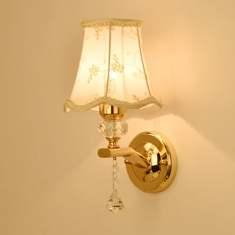 

Modern Simple European Bedroom Bedside Monocephalic Linen Lamp Shade Living Room Aisle Hotel Golden Iron Base Wall Lamp