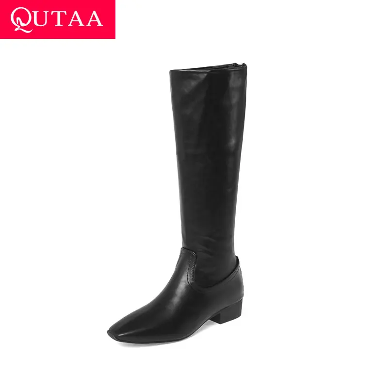 

QUTAA 2022 Low Heel Knee High Boots Zipper Winter Women Shoes Square Toe Stretch All Match Long Boots Big Size 34-39