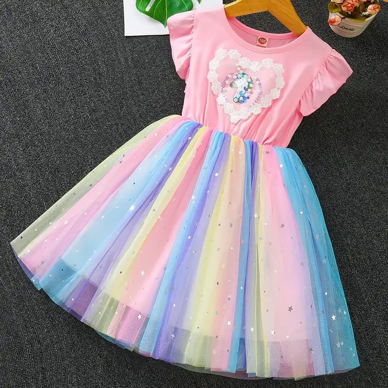 

New Girl Cute Cartoon Unicorn Print Rainbow Sequin Tutu Princess Dress
