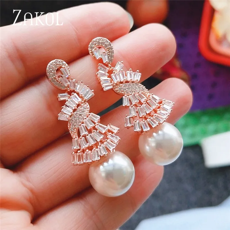 ZAKOL новые роскошные серьги с имитацией жемчуга полностью кубического циркония