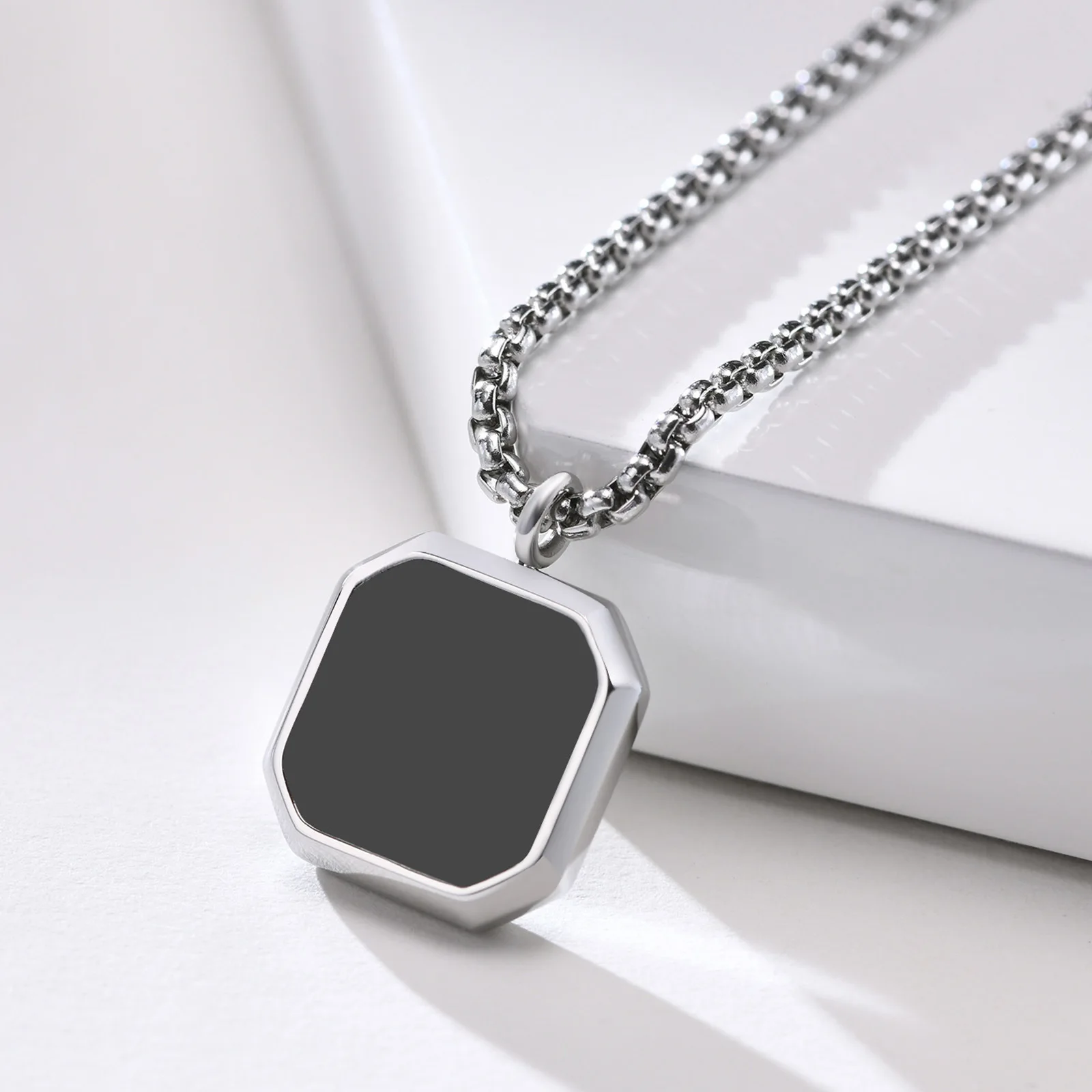 

Stainless Steel Epoxy Black Square Pendant Men's Sweater Stacking Necklace Long Sweater Chain Accessories