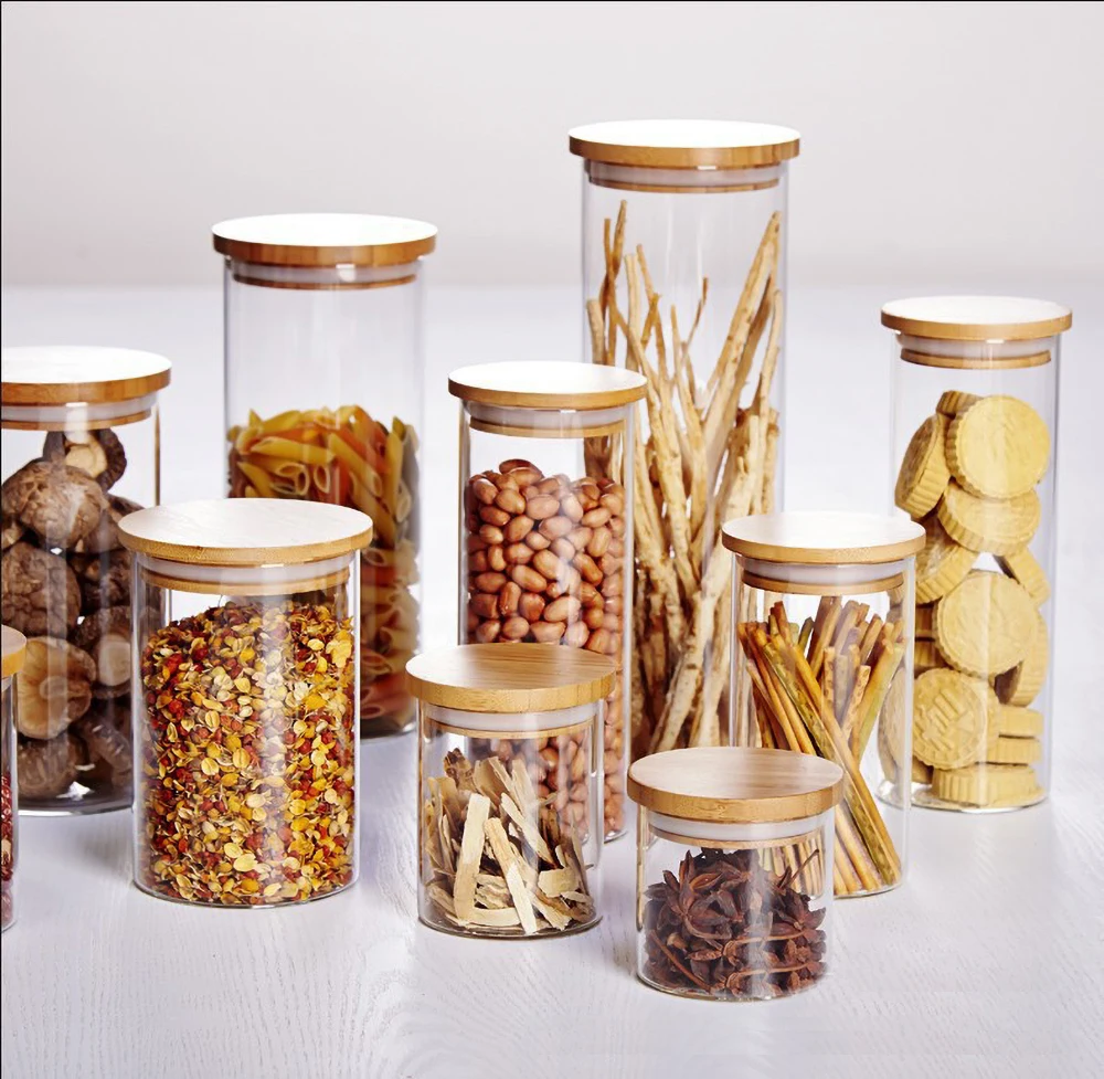 

Round Square Sealed Borosilicate Glass Container Glass Storage Jar Air Tight with Lid Bamboo Cover Silicone Sealing