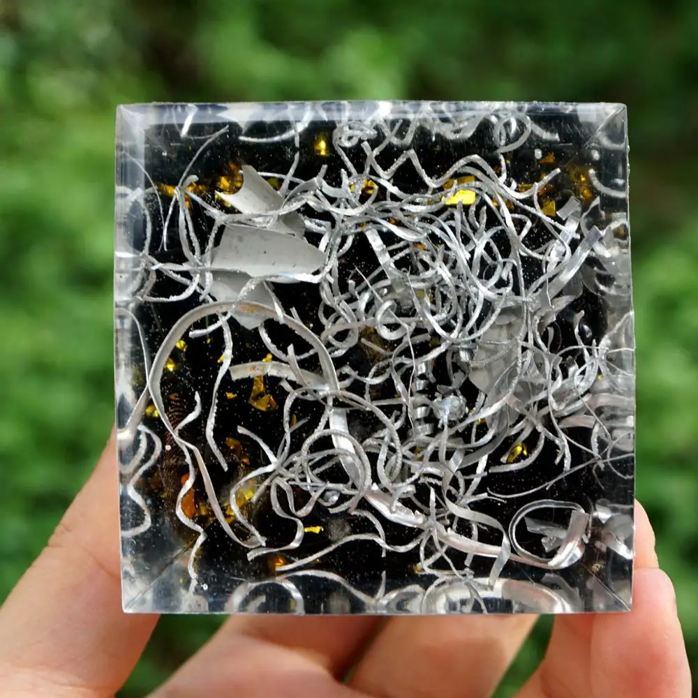 

Chalcopyrite Pillar Orgonite Pyramid with Obsidian Stone Reiki Chakra Energy Orgone Pyramid Collection EMF Protection