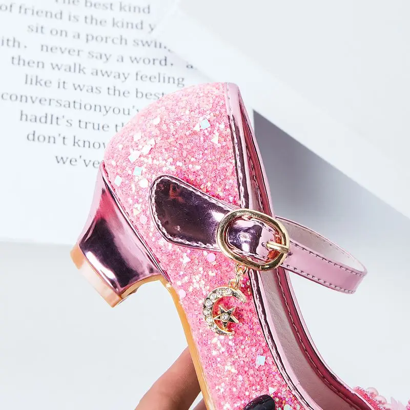 

Smeeroon Princess shoes bowtie High Heels Shoes for kids Casual Flower glitter bling Children Girls party dancing Shoes
