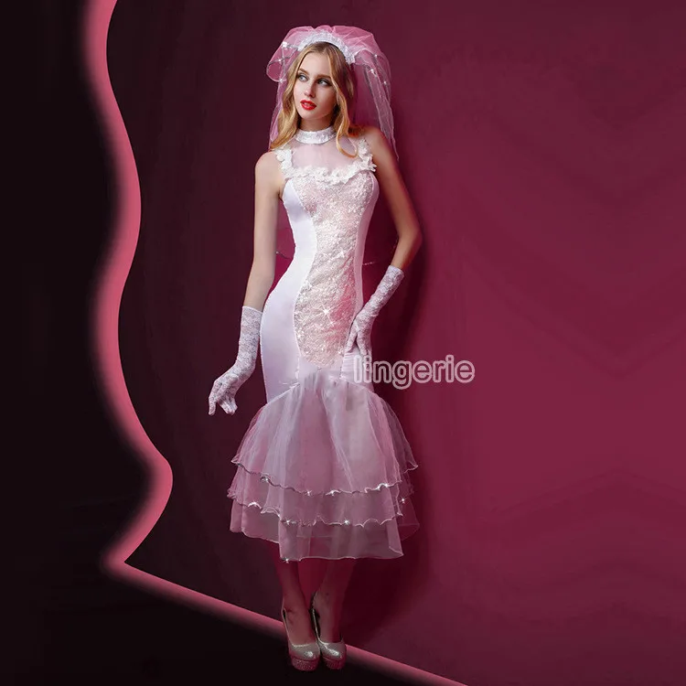 Elegante sirena vestidos de boda de lentejuelas de encaje de 2020 mujeres vestido de novia con velo disfraces Cosplay Sexy noche uniforme