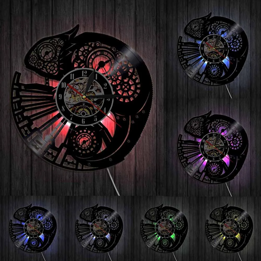 Chameleon Vintage Vinyl Record Wall Clock LP LED Night Light Art Hanging Watch Silent Quartz Animal Lover Gift | Дом и сад