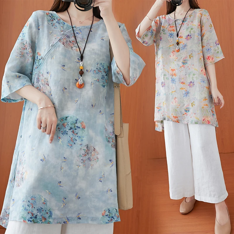 Летняя винтажная свободная футболка средней длины в этническом стиле с косым