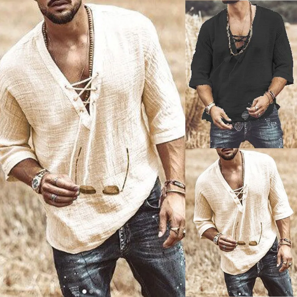 

2021 New Men's Spring Summer Linen V Neck Bandage T Shirts Male Solid Color Half Sleeves Casual Loose Cotton Linen Tshirt Tops