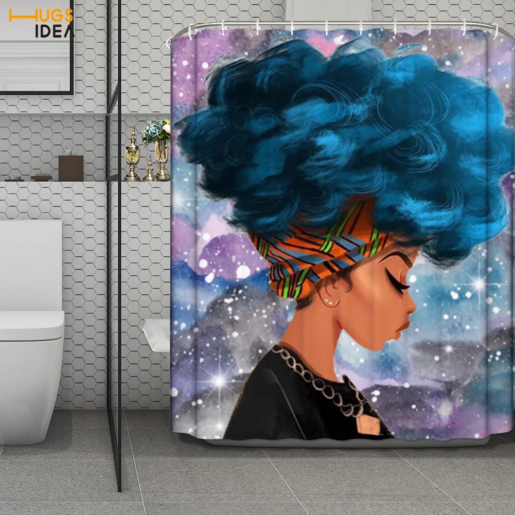 

HUGSIDEA Galaxy Cool Black Girls with Blue Hairstyle Print Shower Curtain Home Decor Waterproof Mold Resistant Bathroom Curtains