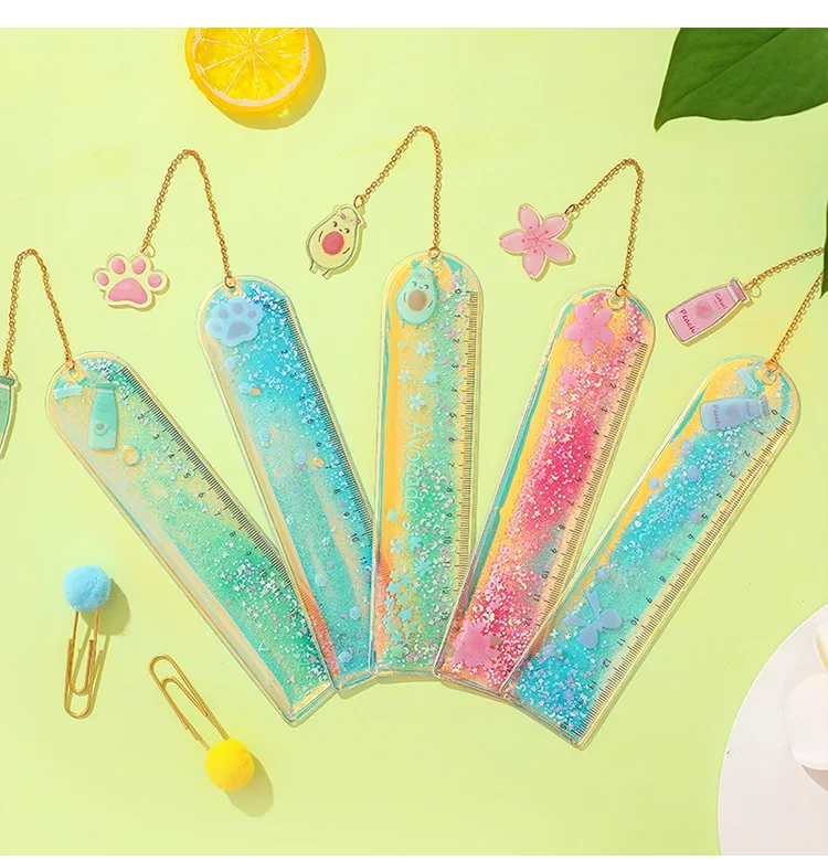 1Pcs Creative Bookmarks Cartoon Quicksand PVC Drawing Ruler Student Lovely Pendant Bookmark Stationery School Supply