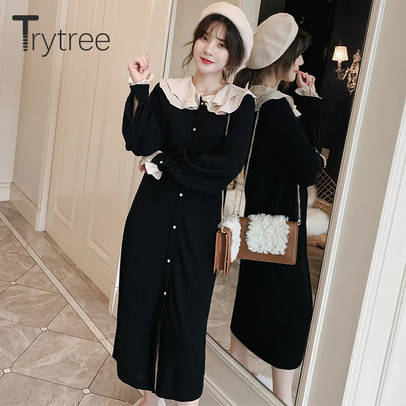 Осеннее женское Повседневное платье Trytree 2020 черное однобортное свободное