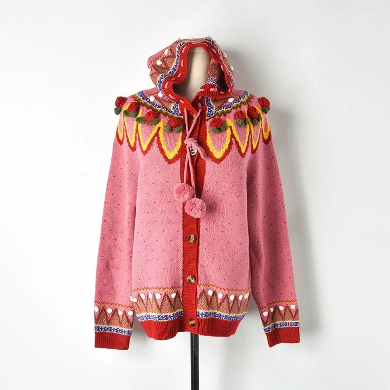2019 Casual Hooded Single-Breasted Cardigan Cardigans Geometric Pattern Polka Dot Sweater Sweet Hand Hook 3D Flowers |