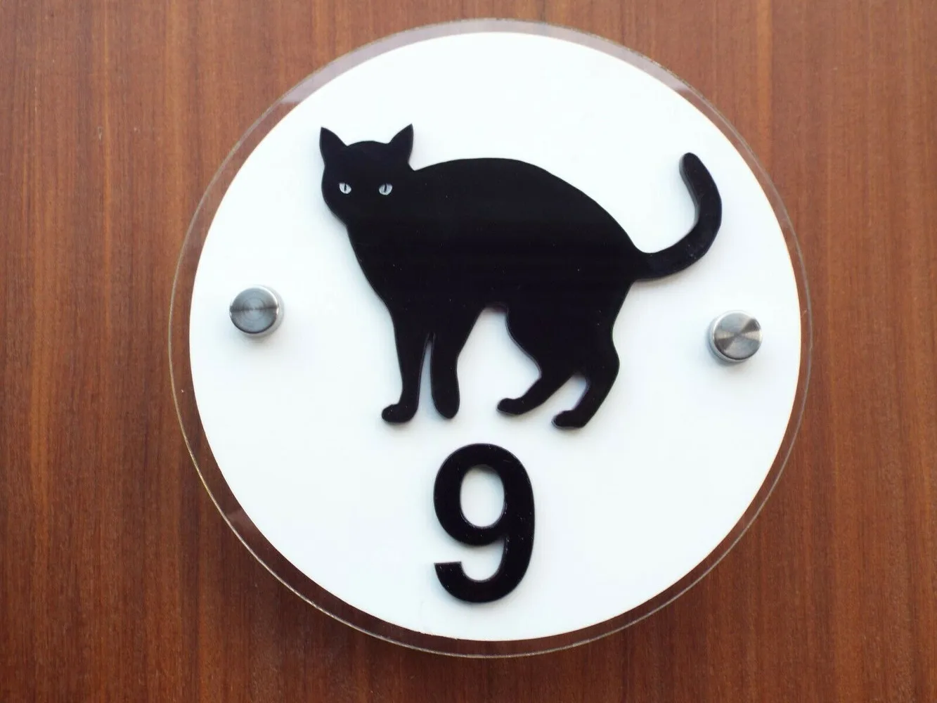 

Personalised Black Cat Acrylic House sign with metal stand-offs