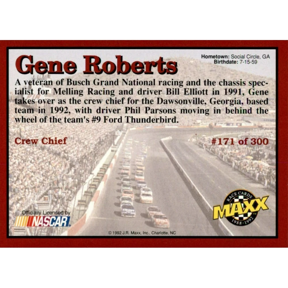 Maxx 1992 Коллекционная карточка Nascar №171 Gene Roberts |