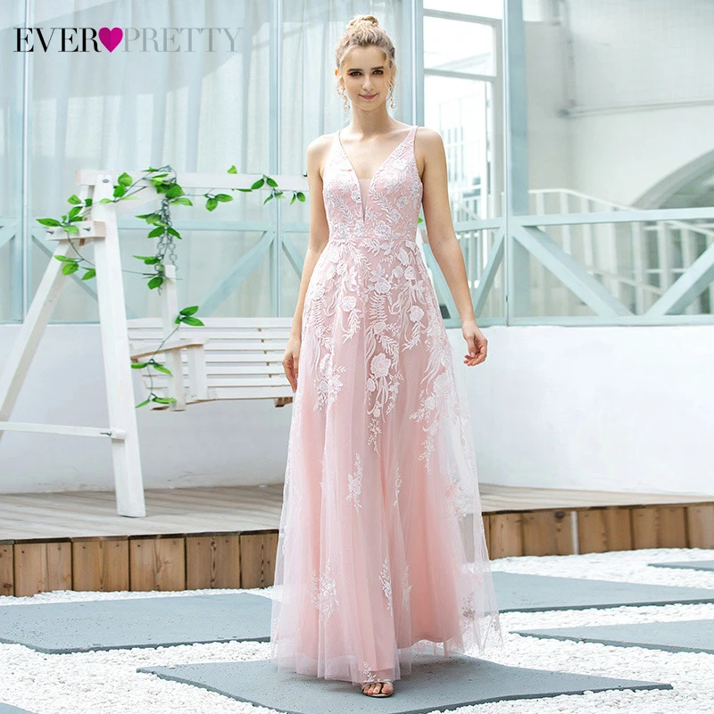Розовые цветочные кружева Выпускные платья Ever Pretty A-Line V-образным вырезом тонкие